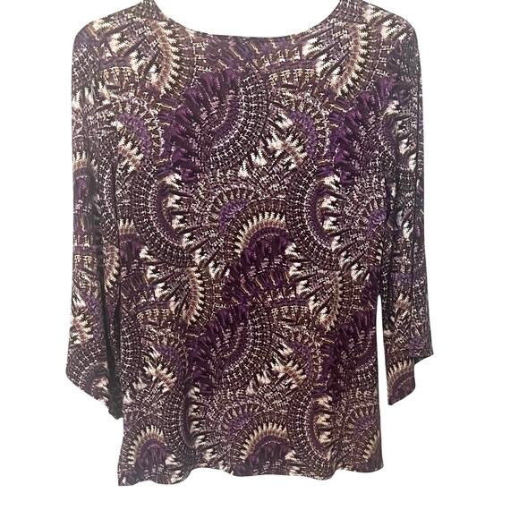 ROZ & ALI LONG SLV PULL-OVER RND NECK TUNIC BLOUSE, WOMEN, L, PURPLE BROWN ABSTR - Picture 5 of 12